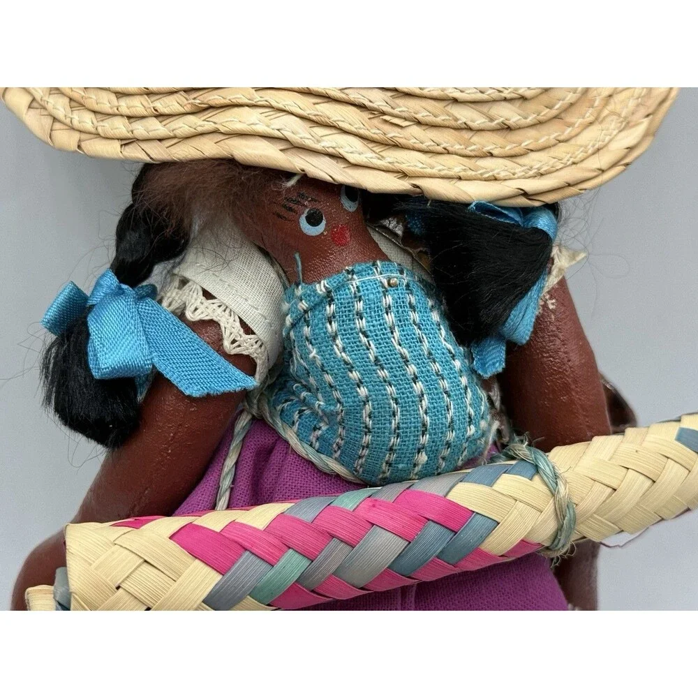 Vintage Jamaican Village Lady Blue Dress Doll w/ Papoose Floppy Hat & Water Jug